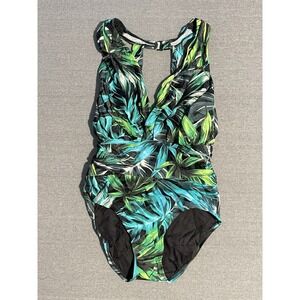 Women's Tropical Leaf Print One Piece Swimsuit Plunge Neck Ruched Tummy Control